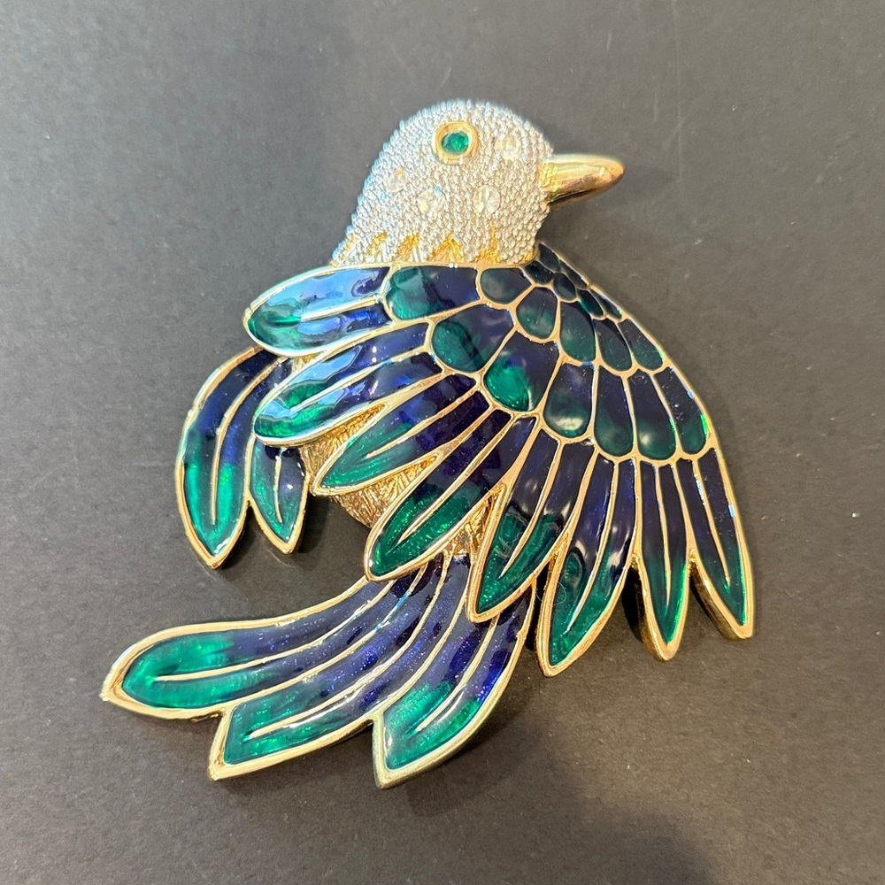 Elegant Huge Blue and Green Bird Brooch